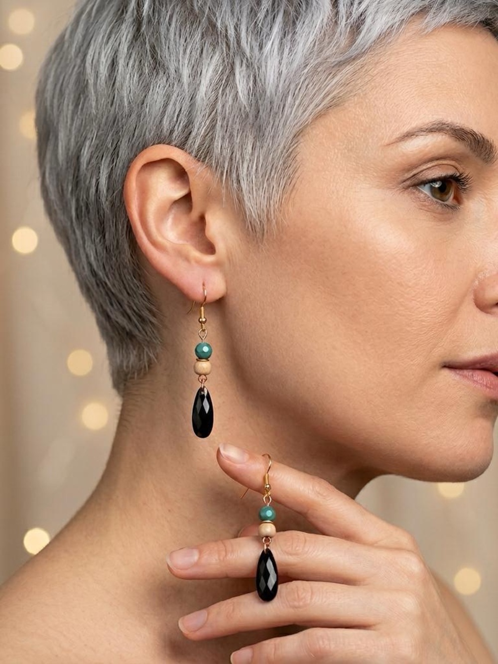 Artisan Gold-Tone Drop Earrings with Black and Turquoise Accents